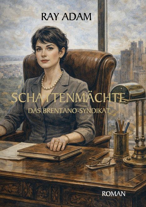 "Ray Adam", "Schattenmächte", "Das Brentano-Syndikat", "Roman" auf einem Gemälde einer eleganten Frau am Schreibtisch.