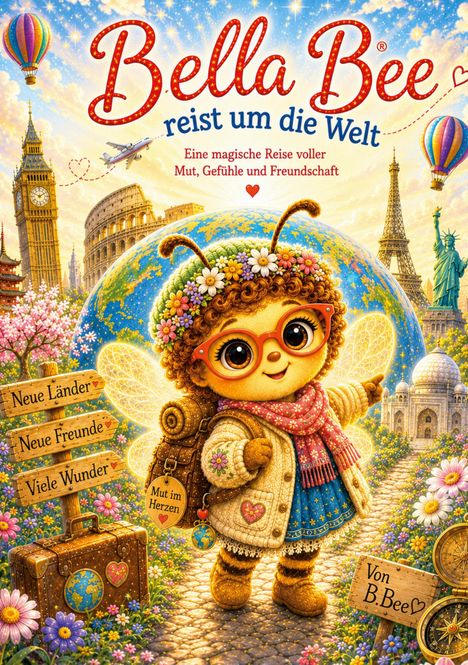 „Bella Bee reist um die Welt“ und „Eine magische Reise voller Mut, Gefühle und Freundschaft“. Illustration mit süßer Biene.