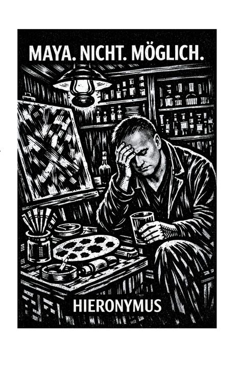 "MAYA. NICHT. MÖGLICH. HIERONYMUS." Ein müde aussehender Mann im Kunststudio, Kopf gestützt, Glas in der Hand.