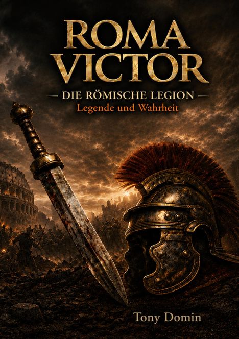 "ROMA VICTOR: Die römische Legion – Legende und Wahrheit" oben, "Tony Domin" unten. Ein Schwert und Helm vor antikem Hintergrund.