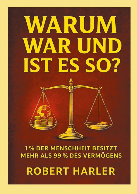 Text: "WARUM WAR UND IST ES SO? 1% DER MENSCHHEIT BESITZT MEHR ALS 99% DES VERMÖGENS. ROBERT HARLER." Illustration: Waage.