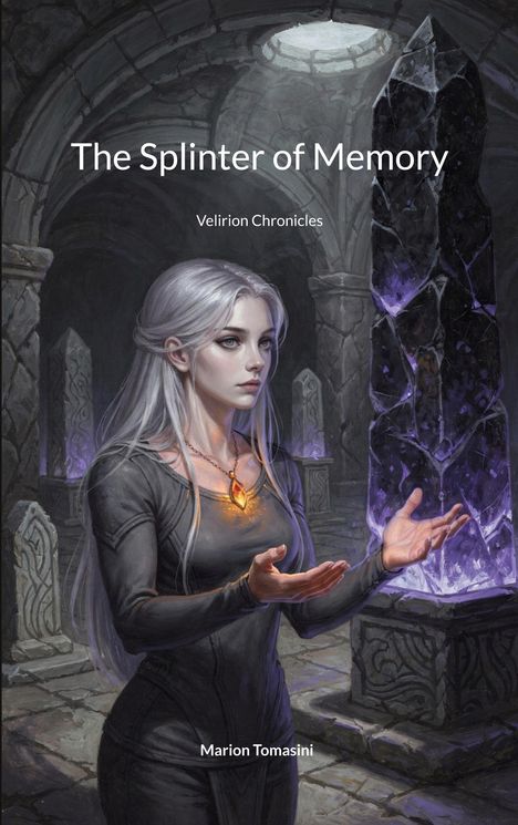 Text: "The Splinter of Memory, Velirion Chronicles, Marion Tomasini." 

Eine Frau mit weißem Haar in einer finsteren, steinernen Krypta mit violetten Kristallen.