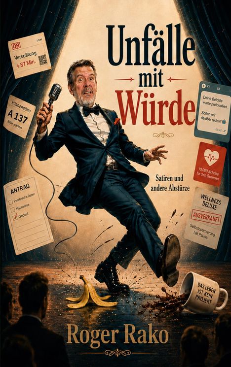 „Unfälle mit Würde“ oben, „Satiren und andere Abstürze“ rechts. Ein Mann im Smoking rutscht auf einer Bananenschale.