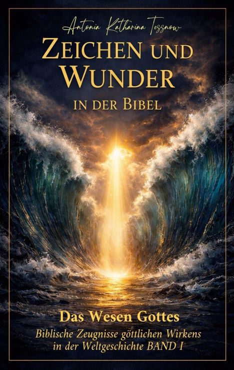 "Zeichen und Wunder in der Bibel", Illustration eines geteilten Meeres mit hellem Lichtstrahl im Zentrum.