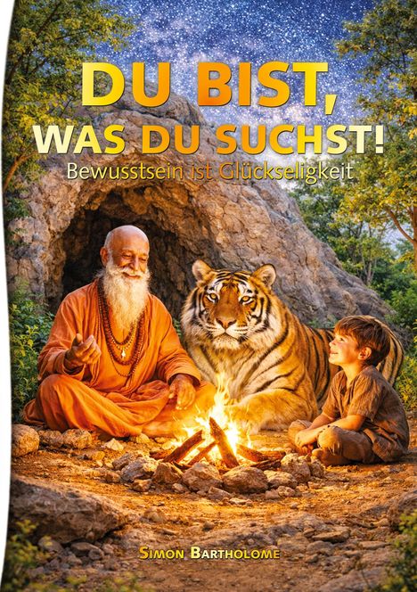 Text: "DU BIST, WAS DU SUCHST! Bewusstsein ist Glückseligkeit." Ein Weiser, ein Tiger und ein Kind sitzen vor einem Feuer.