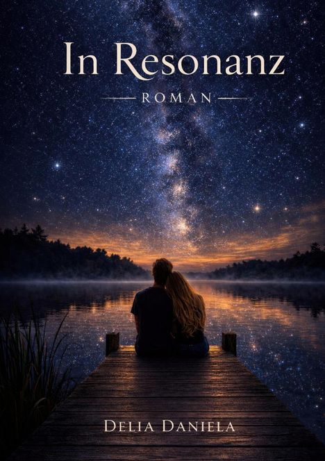"In Resonanz", Roman von Delia Daniela. Zwei Personen sitzen auf einem Steg vor einem sternenklaren Himmel über einem See.