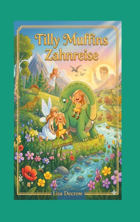 „Tilly Muffins Zahnreise“, Lisa Decrow. Eine fröhliche Szene mit Elfen, Dinosauriern und einem grünen Wesen in einer bunten Natur.