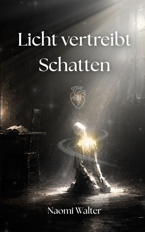 „Licht vertreibt Schatten“ und „Naomi Walter“ in heller Schrift. Illustration einer Figur im Lichtstrahl, umgeben von Dunkelheit.