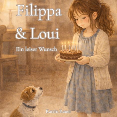„Filippa & Loui: Ein leiser Wunsch“ von Katrin Rauer. Illustration eines Mädchens mit Geburtstagskuchen, Hund schaut zu.