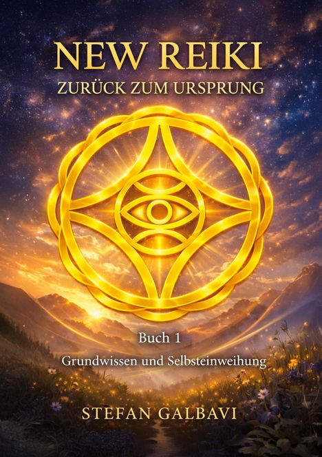 Text: "NEW REIKI, ZURÜCK ZUM URSPRUNG, Buch 1, Grundwissen und Selbsteinweihung, STEFAN GALBAVI." Illustration eines goldenen Symbols vor einem kosmischen Hintergrund mit Bergen.