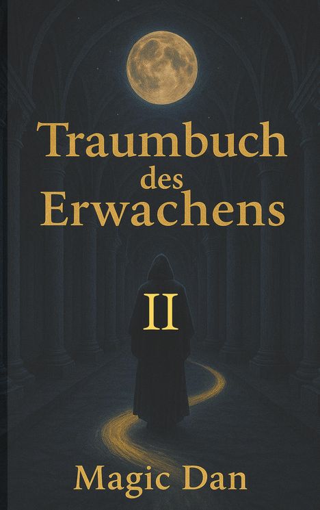 "Traumbuch des Erwachens II, Magic Dan." Eine Person in einem Gewand steht auf einem leuchtenden Pfad unter einem vollen Mond.