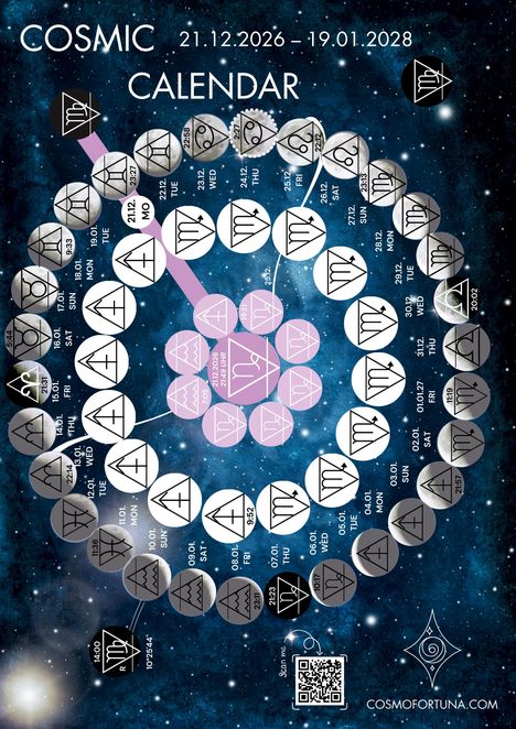 Text: "COSMIC CALENDAR 21.12.2026 – 19.01.2028". 

Kosmischer Kalender in spiralförmigem Design mit Symbolen.
