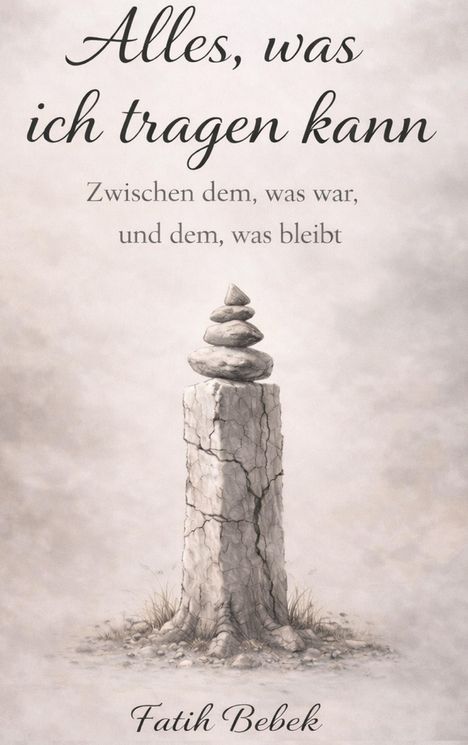 „Alles, was ich tragen kann. Zwischen dem, was war, und dem, was bleibt. Fatih Bebek.“ Illustration: Felsenstapel auf Säule.