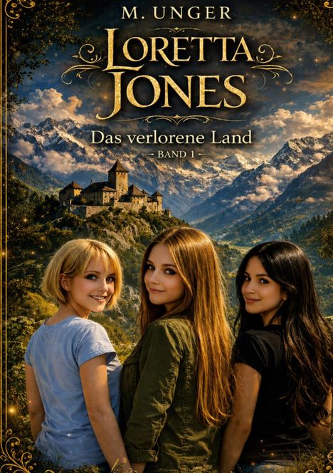 Cover „Loretta Jones: Das verlorene Land, Band 1“ von M. Unger. Drei junge Frauen vor einer Burglandschaft mit Bergen.