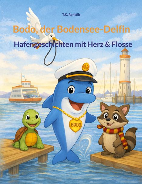„Bodo, der Bodensee-Delfin“ und „Hafengeschichten mit Herz & Flosse“. Illustration: Delfin mit Kapitänsmütze, Schildkröte, Waschbär.