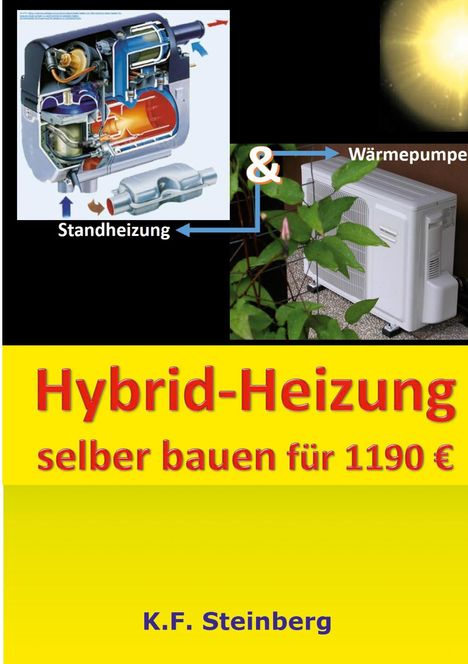 "Hybrid-Heizung selber bauen für 1190 €" in roter Schrift auf gelbem Hintergrund, oben technische Zeichnungen von Heizsystemen.