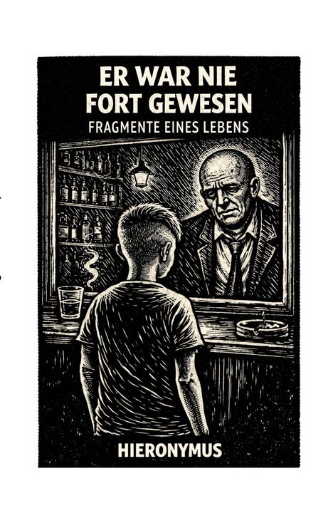 Text: "ER WAR NIE FORT GEWESEN. FRAGMENTE EINES LEBENS. HIERONYMUS." Ein Junge an einer Bar mit einem alten Mann im Hintergrund.