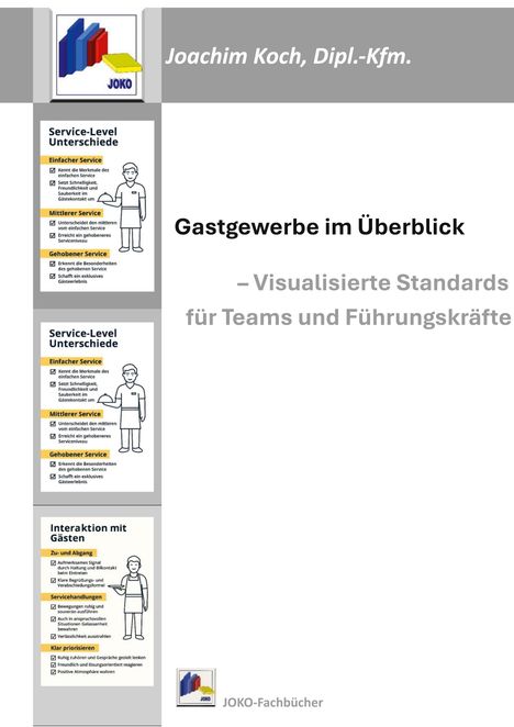 „Gastgewerbe im Überblick – Visualisierte Standards für Teams und Führungskräfte“ steht zentral. Links Infos zu Service-Leveln.
