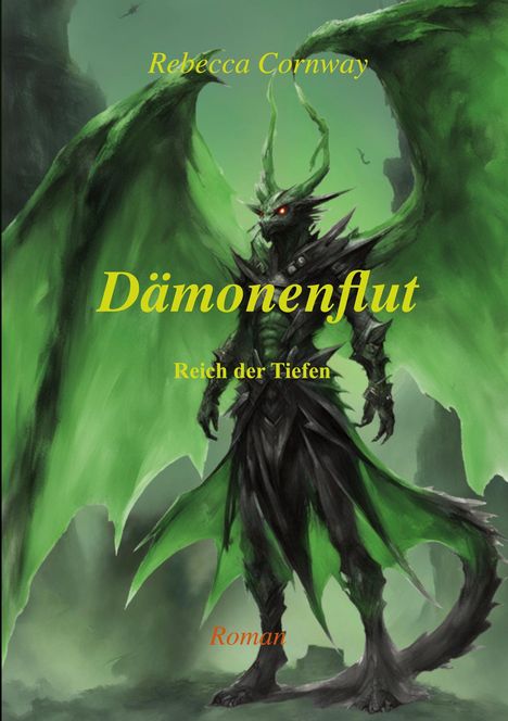 „Dämonenflut“, „Reich der Tiefen“, „Rebecca Conway“, „Roman“. Illustration eines dämonischen Wesens mit grünen Flügeln.