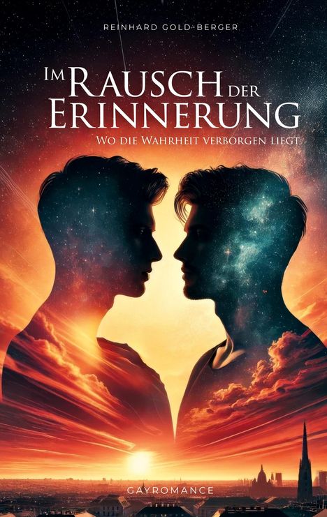 „Im Rausch der Erinnerung“; Silhouetten zweier Männer mit Galaxien und Sonnenuntergang, darunter „Gayromance“.