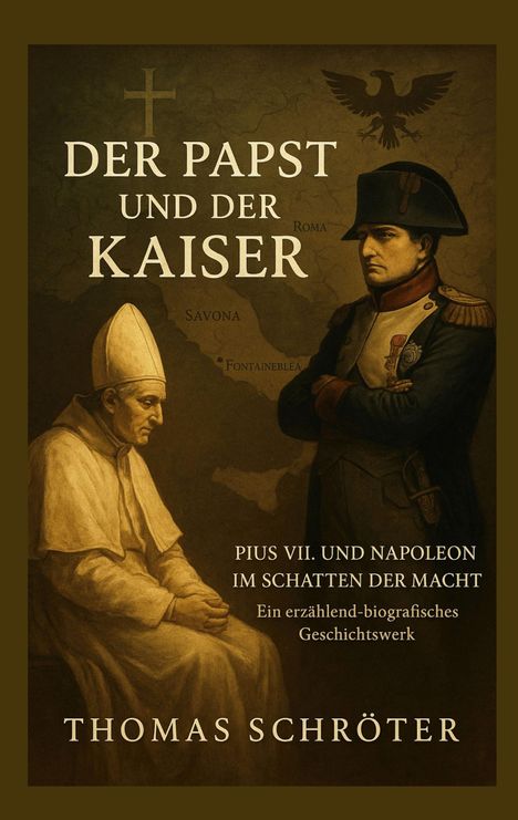 „Der Papst und der Kaiser“; Pius VII. und Napoleon Illustration; Papst links sitzend, Napoleon rechts stehend.
