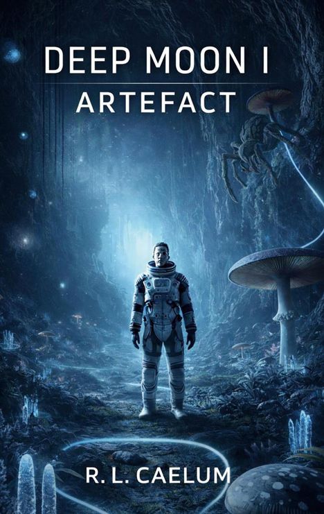 „Deep Moon I: Artefact, R.L. Caelum“. Ein Astronaut in einer blauen, außerirdischen Höhle mit großen Pilzen und schwebenden Kreaturen.