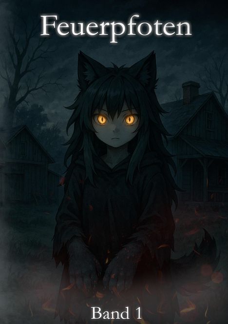"Feuerpfoten" und "Band 1" stehen da. Eine finstere Illustration zeigt eine Gestalt mit Katzenohren und leuchtenden Augen.