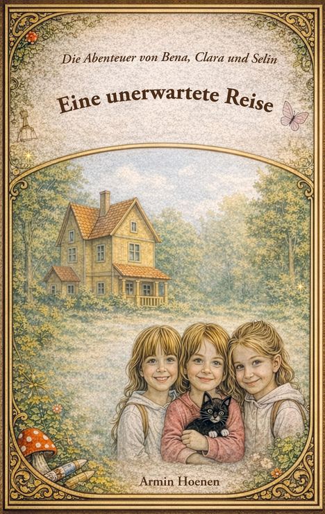 Buchcover: "Die Abenteuer von Bena, Clara und Selin: Eine unerwartete Reise." Drei Kinder und eine Katze vor einem Haus.