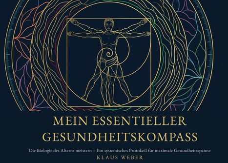 "MEIN ESSENTIELLER GESUNDHEITSKOMPASS" und "KLAUS WEBER" vor spiralförmiger Illustration eines Menschen im Kreis.