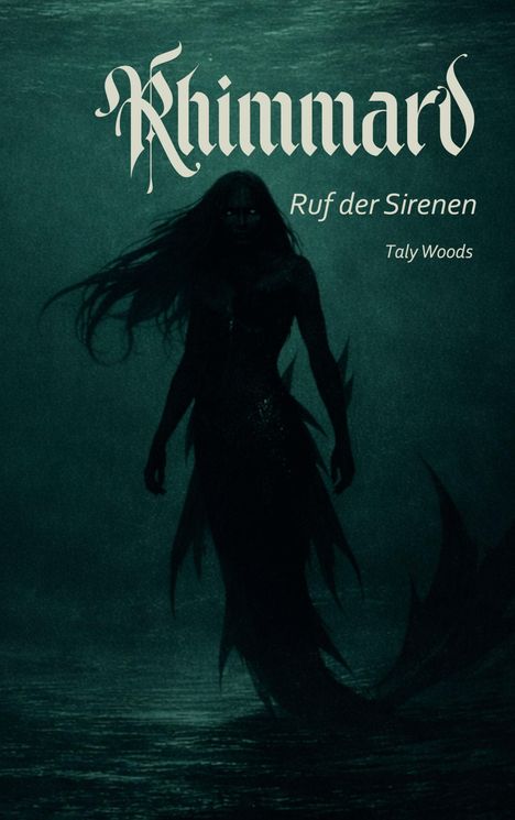 "Khimimard", "Ruf der Sirenen", "Taly Woods". Silhouette einer düsteren Meerjungfrau im Wasser.