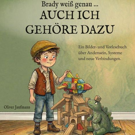 Ein Junge mit Mütze steht neben einem gebauten Holzklotzturm und einem grünen Dinosaurier.