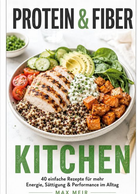 "PROTEIN & FIBER KITCHEN: 40 einfache Rezepte für mehr Energie, Sättigung & Performance im Alltag. MAX MEIR"  
Eine Schüssel mit gegrilltem Hähnchen, Quinoa, Avocado, Süßkartoffeln, Spinat, Gurken und Tomaten.