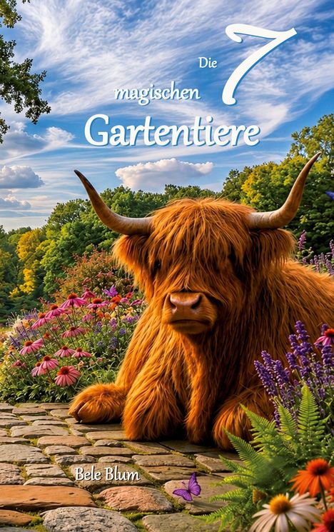 „Die 7 magischen Gartentiere“ und „Bele Blum“. Flauschiger Ochse auf Blumenweg bei sonnigem Himmel.