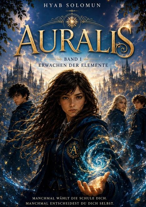 "Auralis: Band 1, Erwachen der Elemente" von Hyab Solomun. Jugendliche in Schuluniform mit magischem Wirbel vor Schlosskulisse.