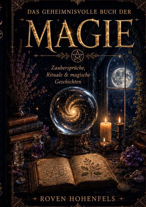 „Das geheimnisvolle Buch der Magie“, „Zaubersprüche, Rituale & magische Geschichten“, „Roven Hohenfels“. Illustration: Ein aufgeschlagenes Buch zeigt Zeichnungen von Pflanzen und Symbolen. Im Hintergrund eine Kristallkugel mit spiralförmigem Licht und Kerzen.