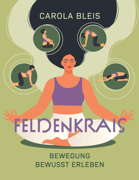 CAROLA BLEIS, FELDENKRAIS, BEWEGUNG BEWUSST ERLEBEN. Illustration einer meditierenden Person und Yoga-Positionen.