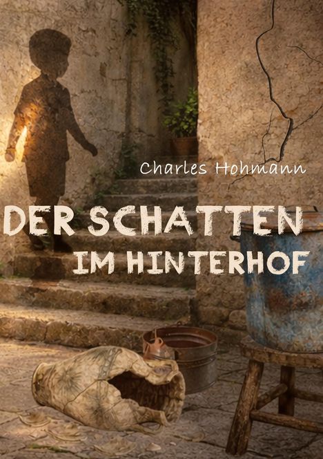Text: "Charles Hohmann. DER SCHATTEN IM HINTERHOF." Ein steiniger Hof mit Stufen, einem blauen Eimer und zerbrochenem Krug.