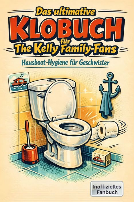 „Das ultimative Klo-Buch“, Illustration eines Badezimmers mit Toilette, Ankerhaken und Toilettenpapier.