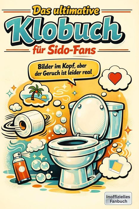 „Das ultimative Klobuch für Sido-Fans“ und „Bilder im Kopf, aber der Geruch ist leider real“. Illustration einer Toilette.