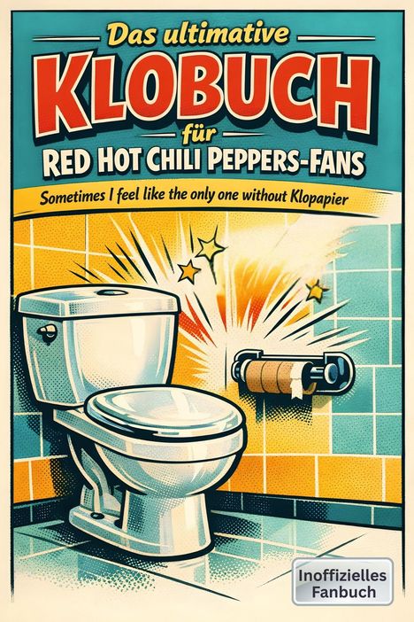 „Das ultimative Klobuch für Red Hot Chili Peppers-Fans“ steht über einer Illustration von einer Toilette ohne Klopapier.