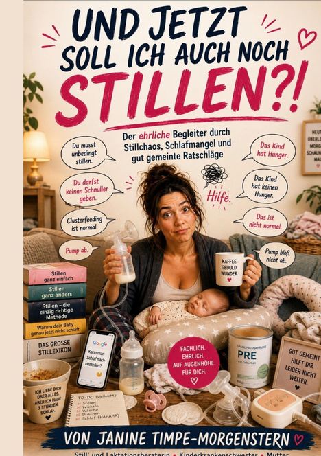 Titel: "Und jetzt soll ich auch noch stillen?!" Frau sitzend mit Baby und Flasche, von Büchern und Zubehör umgeben.