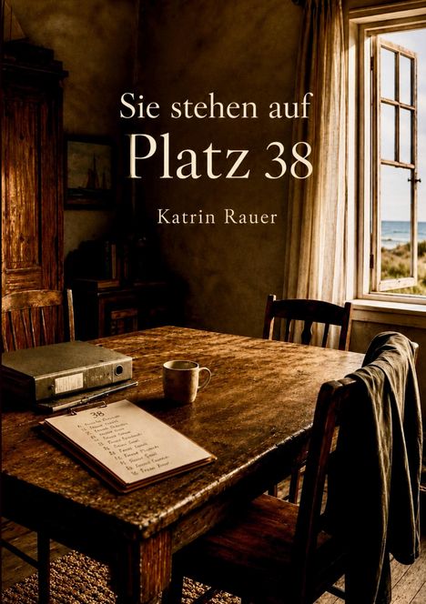 „Sie stehen auf Platz 38. Katrin Rauer.“ Ein rustikaler Raum mit Holztisch, Stuhl, Ordner, Tasse, Fensterblick auf Strand.