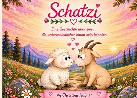 „Schatzi“ in geschwungener Schrift, darunter sitzen ein Lamm und eine Ziege in einer blumenreichen Berglandschaft.