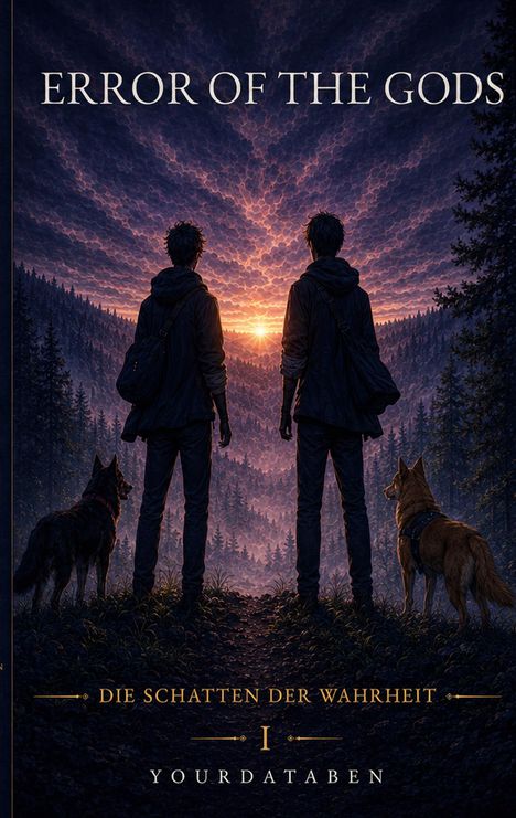 "ERROR OF THE GODS", "DIE SCHATTEN DER WAHRHEIT", "YOURDATABEN". Zwei Personen und zwei Hunde in einem Wald bei Sonnenuntergang.