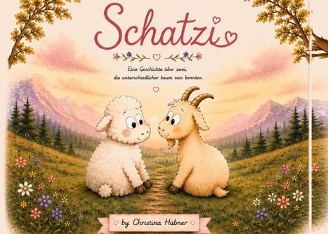 "Schatzi: Eine Geschichte über zwei, die unterschiedlicher kaum sein konnten." Illustration von Schaf und Ziege vor Bergen.