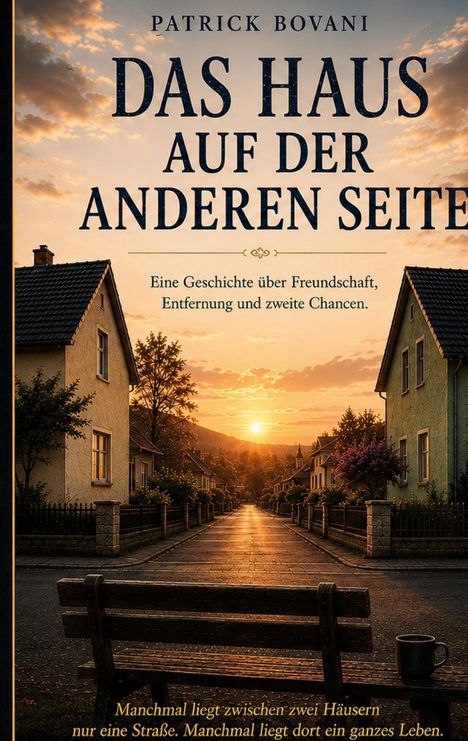 "Das Haus auf der anderen Seite" von Patrick Bovani. Ein Sonnenuntergang über einer ruhigen, von Häusern gesäumten Straße.
