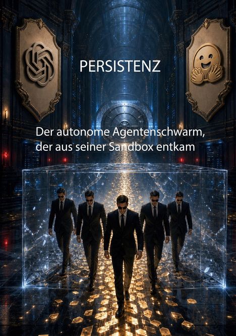Persistenz, der autonome Agentenschwarm, der aus seiner Sandbox entkam. Fünf Männer im Anzug verlassen einen leuchtenden Korridor.