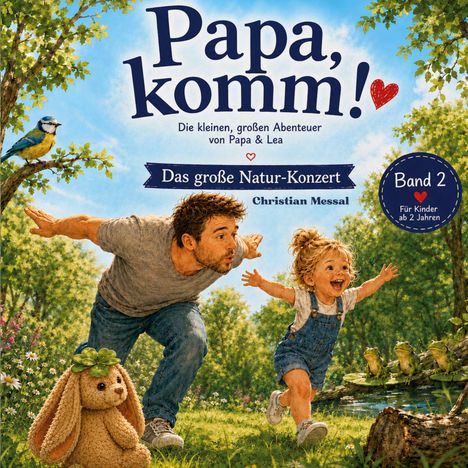 „Papa, komm! Das große Natur-Konzert. Band 2. Für Kinder ab 2 Jahren.“ Ein Vater und Mädchen in einem blühenden Garten.