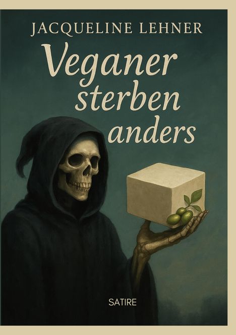„Jacqueline Lehner, Veganer sterben anders, Satire.“ Ein Skelett im Umhang hält einen Tofuwürfel mit Oliven.