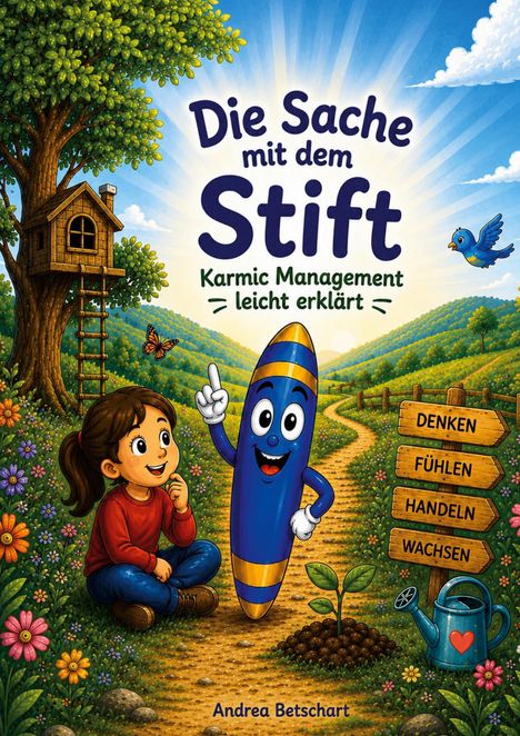 Text: "Die Sache mit dem Stift: Karmic Management leicht erklärt". Illustration: Kind und cartoonisierter Stift vor Landschaft.
